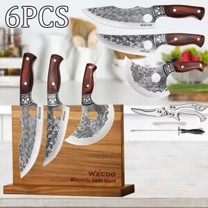 6 Piece Forged CHEF KNIFE Set 3 Kitchen Knives+ Scissors+ Sharpener+ Wood Block